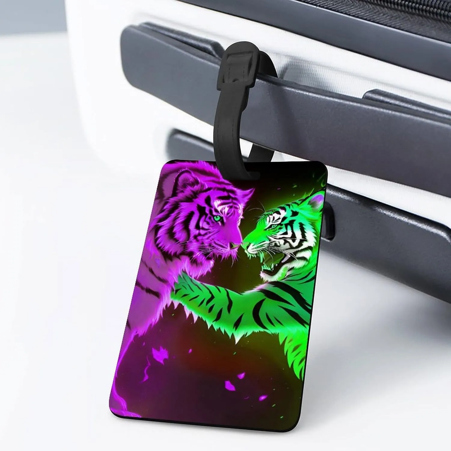Red and Green Fire Tiger Art Luggage Bag Tags Cruise Etag Adjustable Stainless Loop & Baggage Travel Id Bag Tags Personalized Resealable Travel Bag Labels