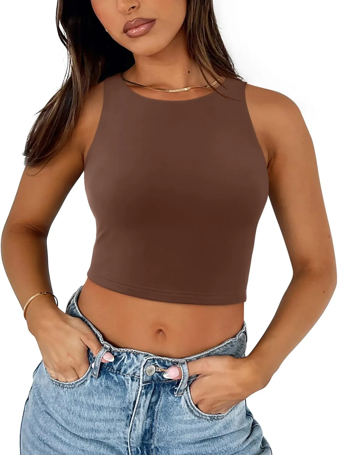 REORIA Butsmooth? Women's Sleeveless Halter Neck Double Lined Casual Basic Crop Tank Tops
