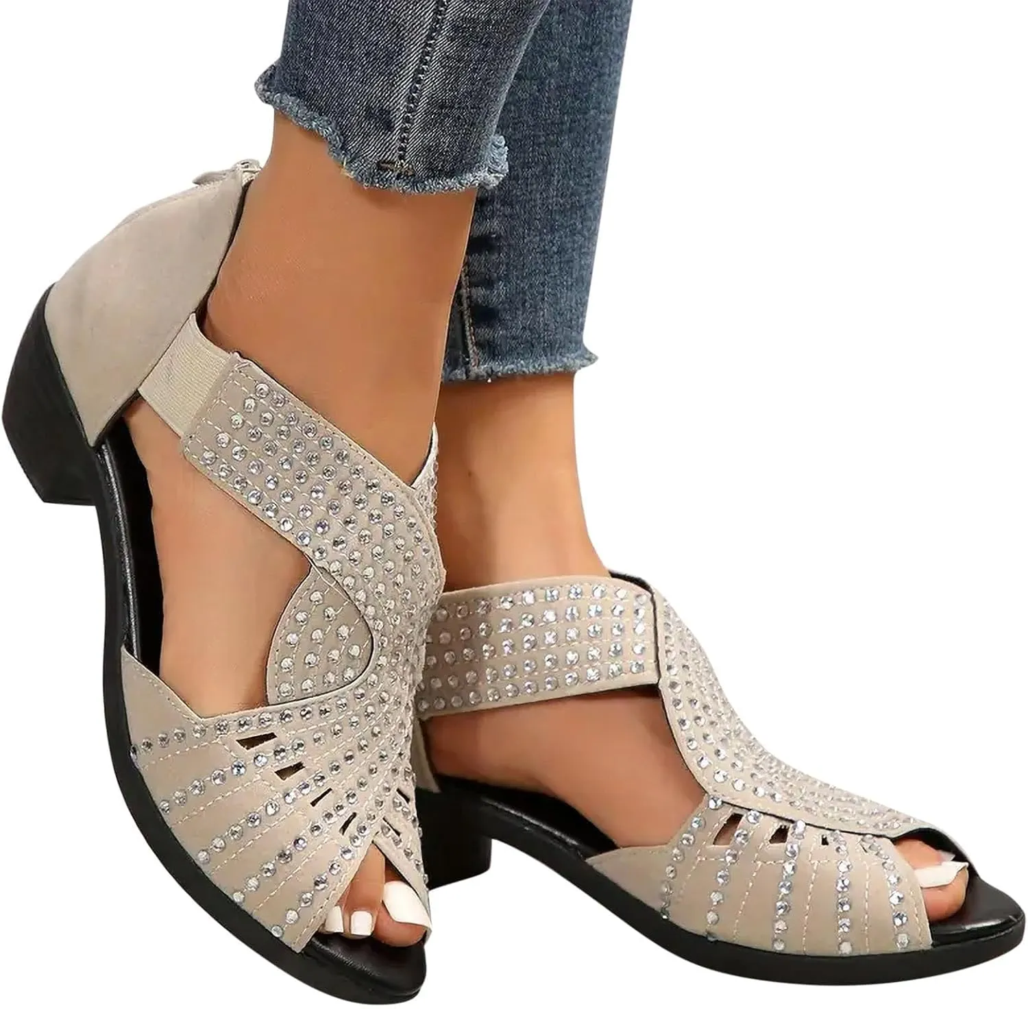 Sandals for Women Dressy Summer Low Heel Slides Sandals Breathable Fish Mouth Back Zipper Sandal Ladies Fashionable Rhinestone Bling Espadrilles Shoes