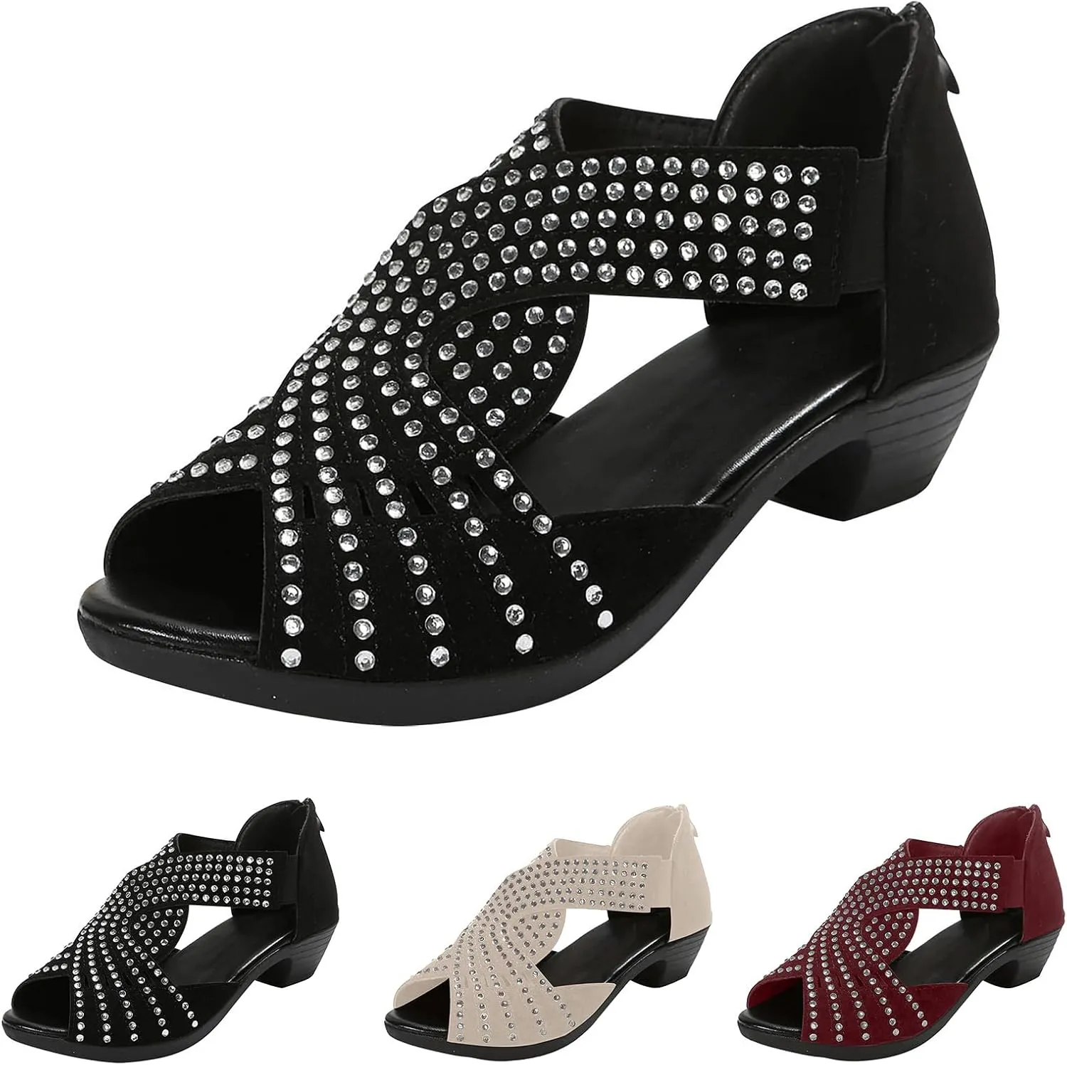 Sandals for Women Dressy Summer Low Heel Slides Sandals Breathable Fish Mouth Back Zipper Sandal Ladies Fashionable Rhinestone Bling Espadrilles Shoes