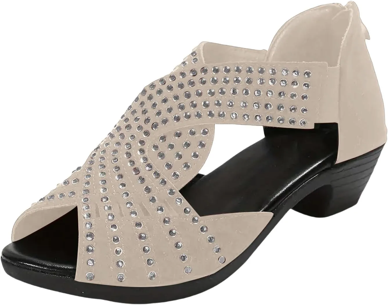 Sandals for Women Dressy Summer Low Heel Slides Sandals Breathable Fish Mouth Back Zipper Sandal Ladies Fashionable Rhinestone Bling Espadrilles Shoes