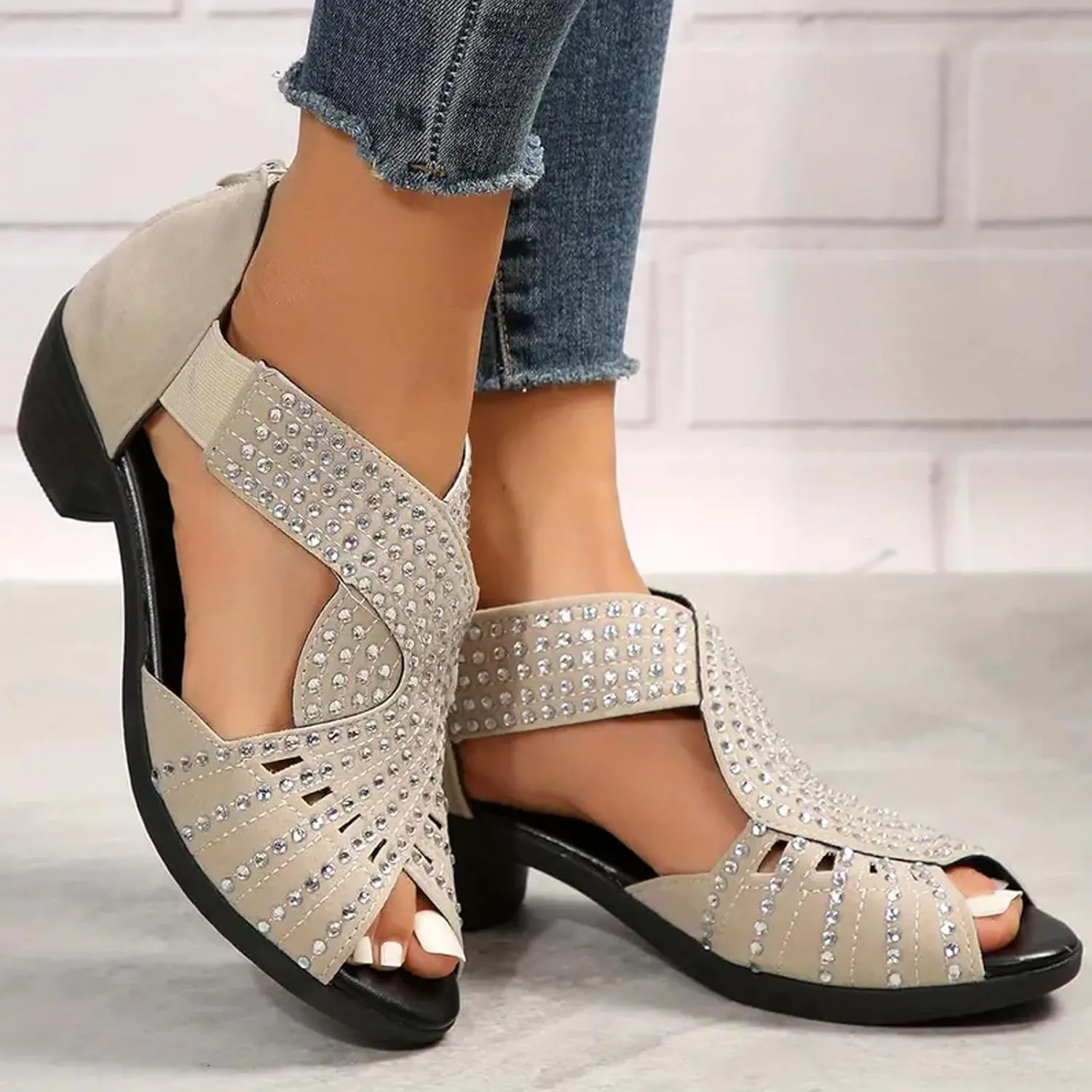 Sandals for Women Dressy Summer Low Heel Slides Sandals Breathable Fish Mouth Back Zipper Sandal Ladies Fashionable Rhinestone Bling Espadrilles Shoes