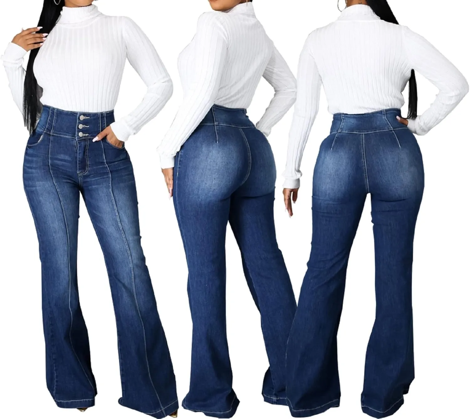 SeNight Women Bell Bottom Jeans Elastic Waist Ripped Flared Jean Destroyed Raw Hem Denim Pants