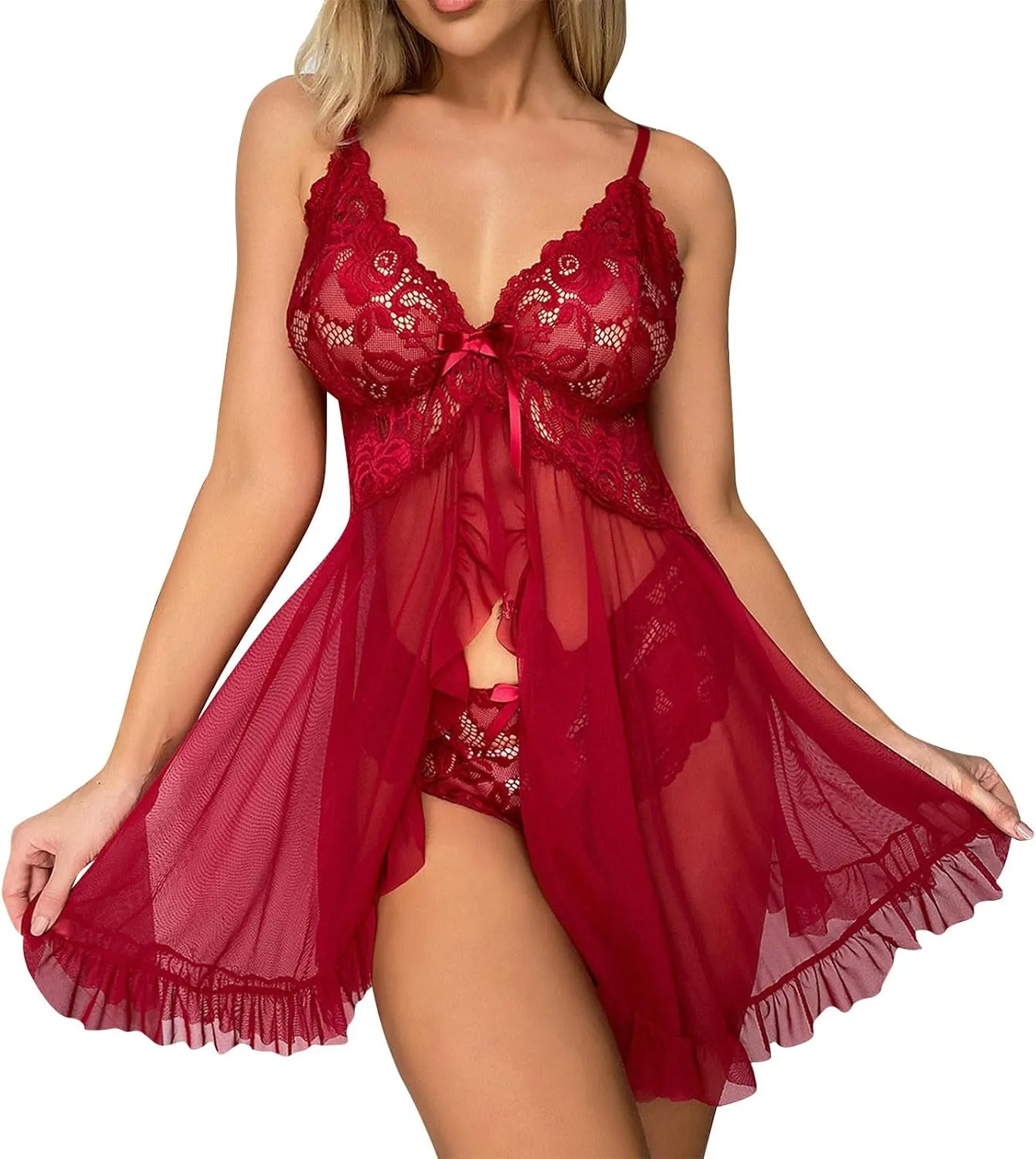 Sexy Lingerie For Women Lace Babydoll Dress Mesh Sheer Chemise Slutty Negligees Open Front Strap Nightgown Sleepwear