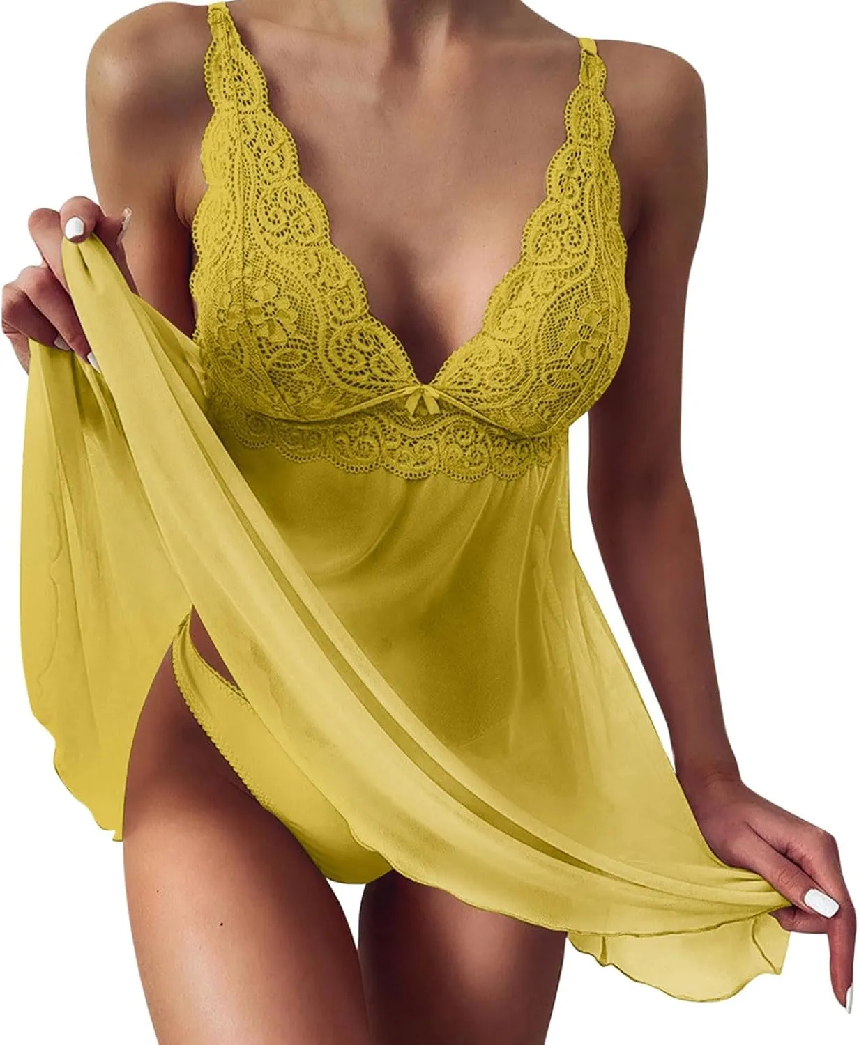 Sexy Lingerie for Women Sheer Mesh Lace Chemise Halter Nightgown Deep V Neck Nightwear Babydoll Teddy Pajamas
