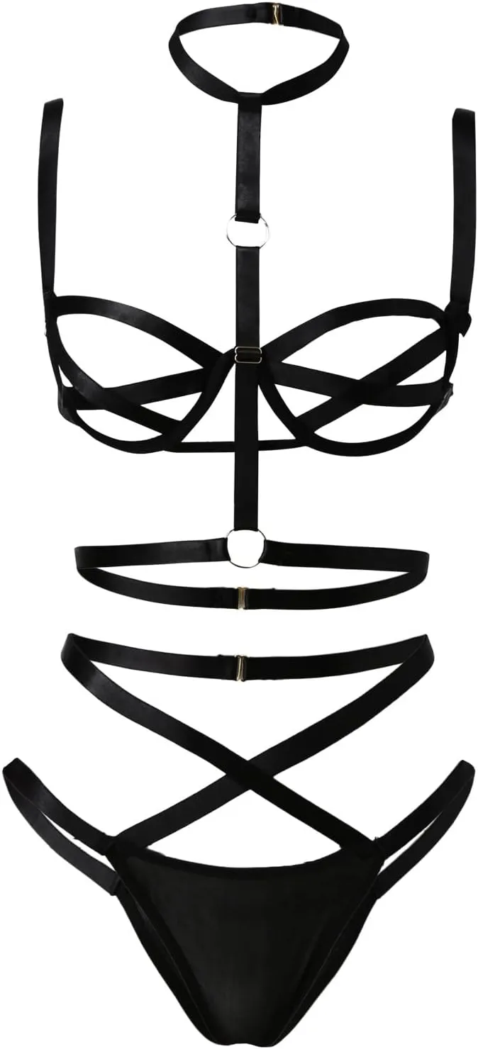 Sexy Lingerie Set Women Bandage Strappy Bra and Panty Set Elastic Harness Cage Cup Straps Bralette Top 2 Piece Set