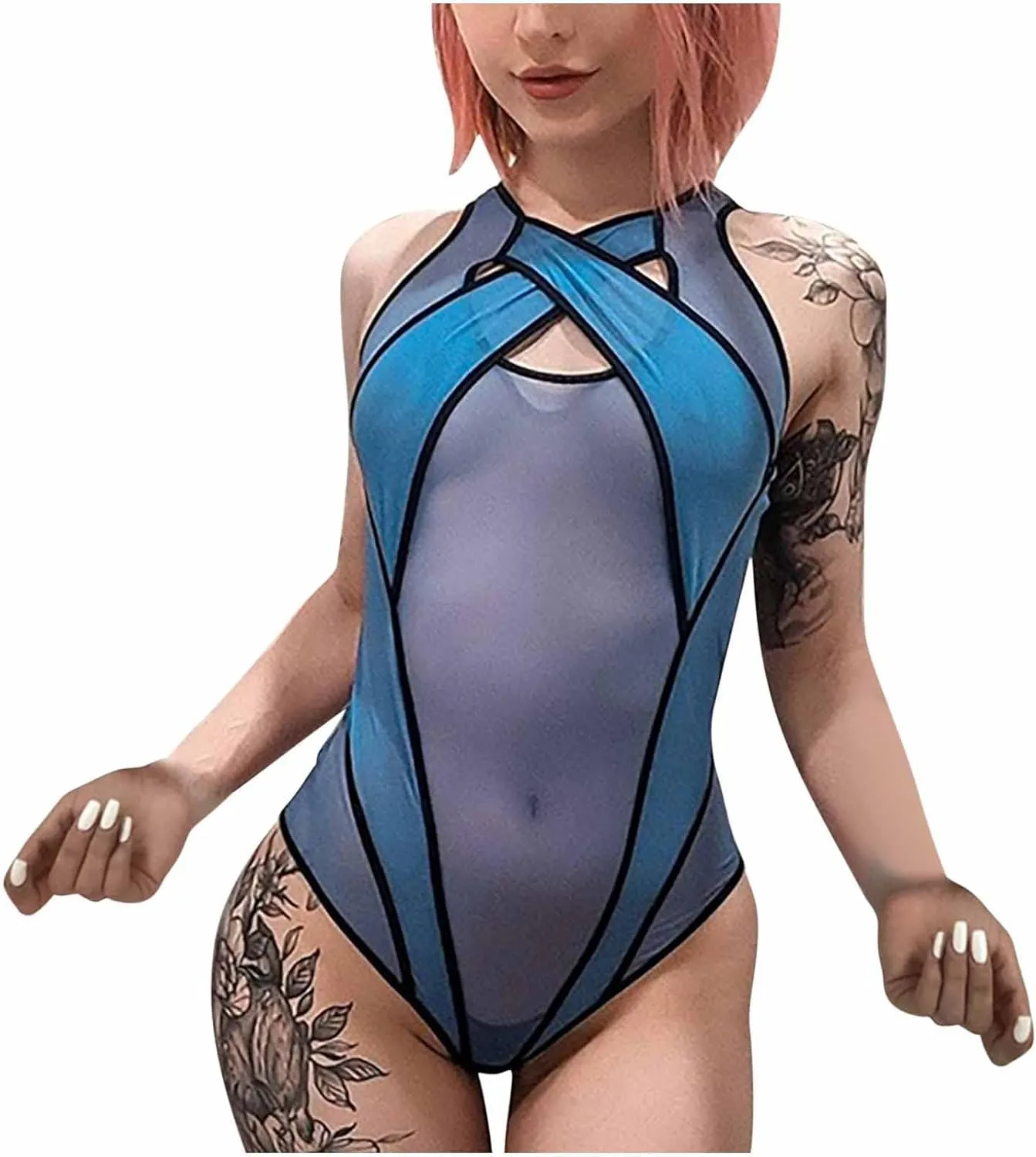 Sexy Mesh See Through Lingerie for Women Lace Hollow Halter Bodysuit One Piece Sexy High Elastic Lingerie Sets
