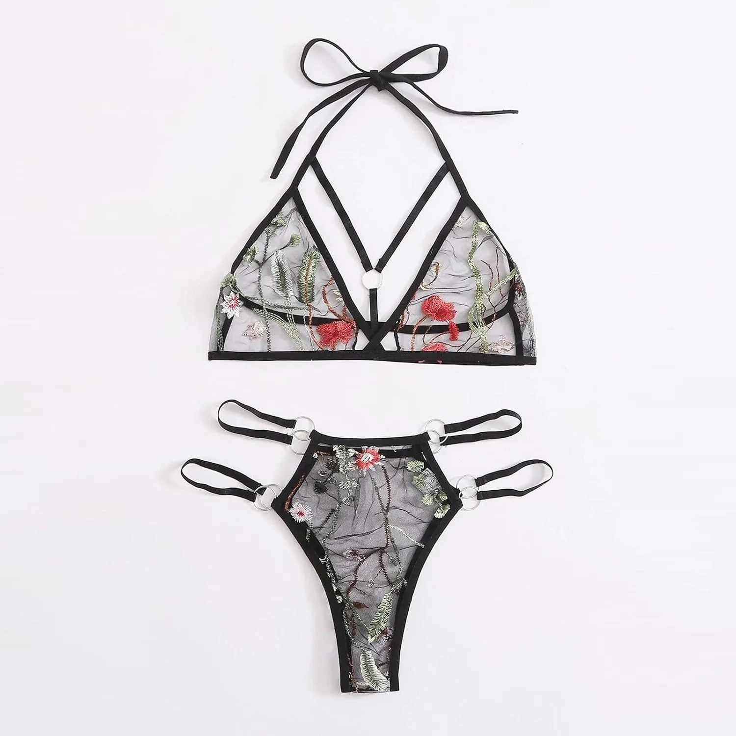 Sexy Tie Side Cute Underwire Push Up Strappy Embroidered Mesh Sheer Lingerie Set For Women Plus Size Lingerie