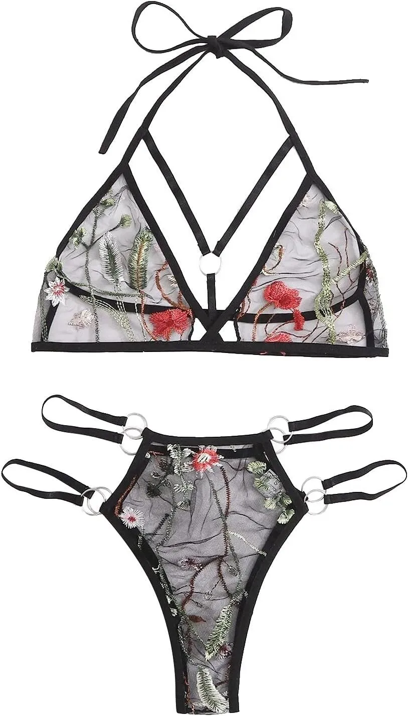 Sexy Tie Side Cute Underwire Push Up Strappy Embroidered Mesh Sheer Lingerie Set For Women Plus Size Lingerie