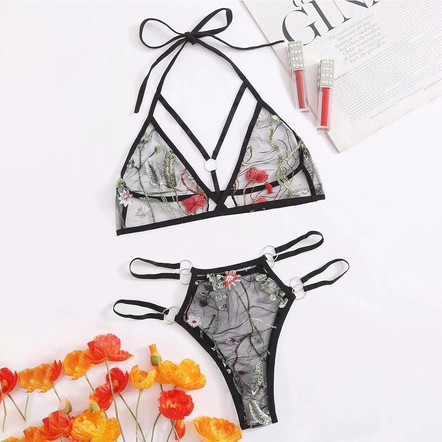 Sexy Tie Side Cute Underwire Push Up Strappy Embroidered Mesh Sheer Lingerie Set For Women Plus Size Lingerie