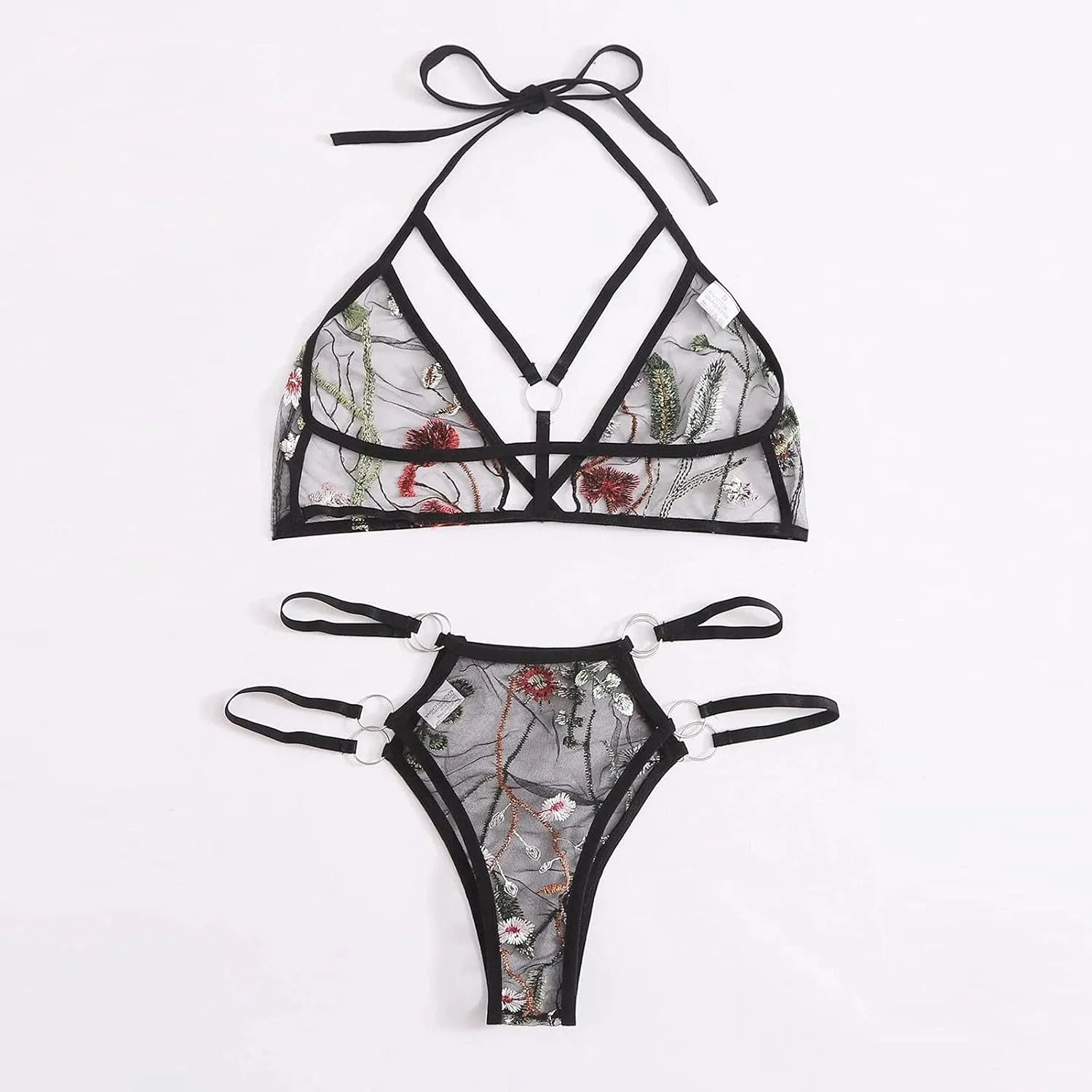 Sexy Tie Side Cute Underwire Push Up Strappy Embroidered Mesh Sheer Lingerie Set For Women Plus Size Lingerie
