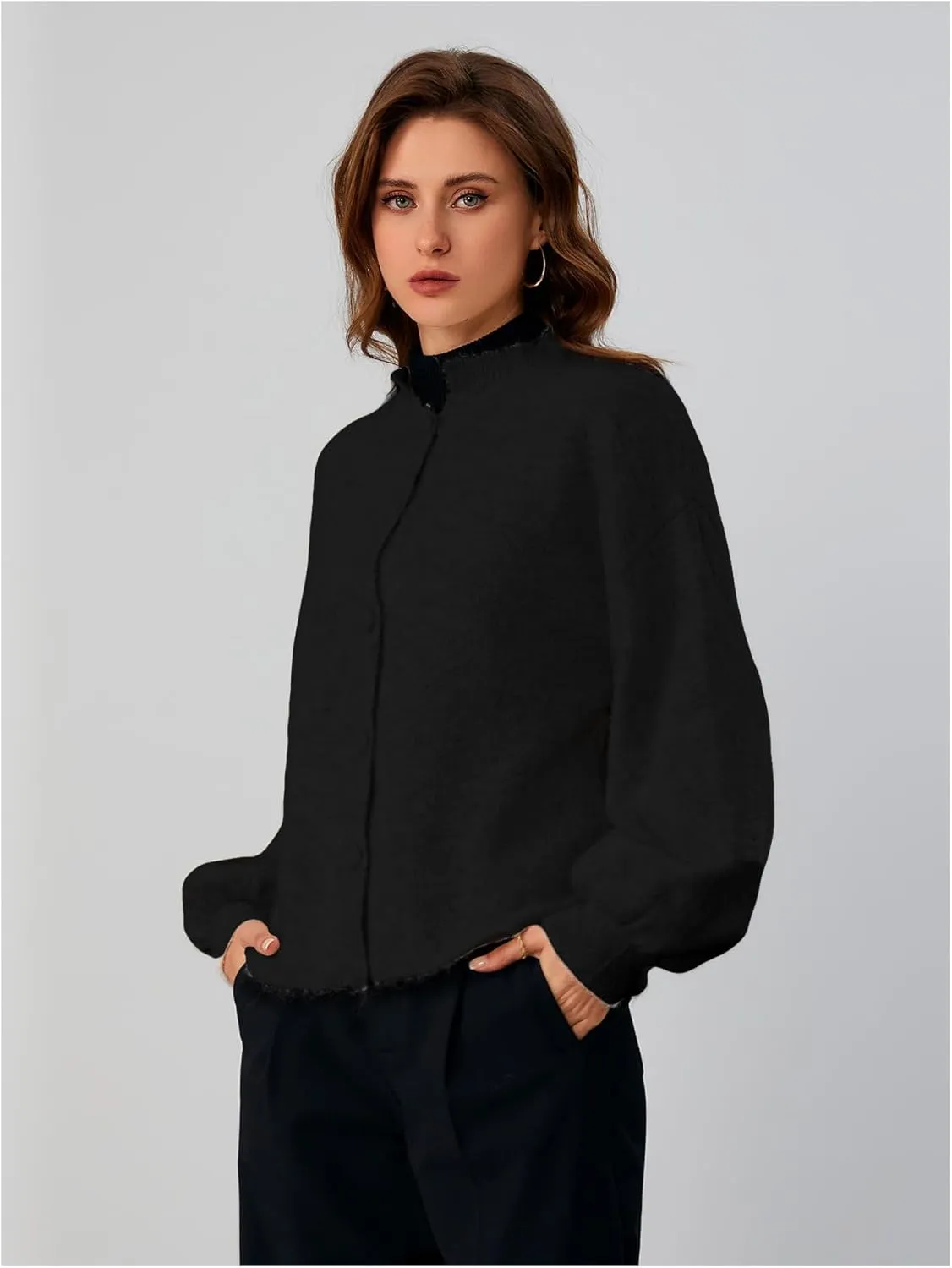 SHENHE Women's Button Front Oversized Cardigan Lantern Sleeve Drop Shoulder Loose Cardigan Sweater
