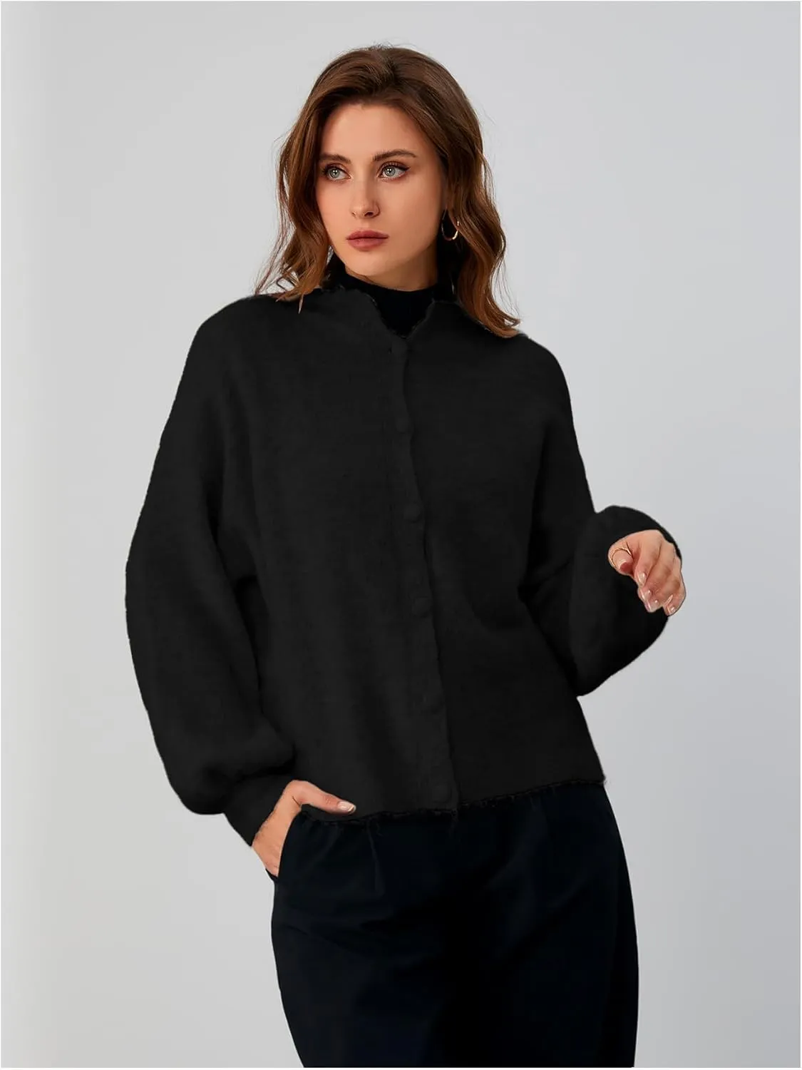 SHENHE Women's Button Front Oversized Cardigan Lantern Sleeve Drop Shoulder Loose Cardigan Sweater