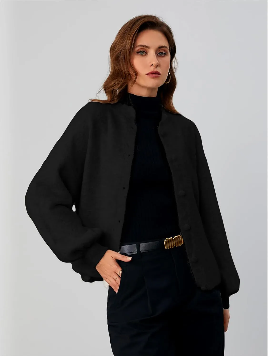 SHENHE Women's Button Front Oversized Cardigan Lantern Sleeve Drop Shoulder Loose Cardigan Sweater