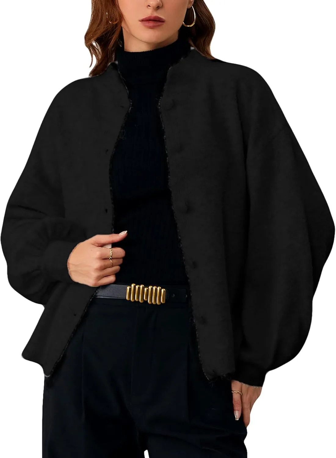 SHENHE Women's Button Front Oversized Cardigan Lantern Sleeve Drop Shoulder Loose Cardigan Sweater