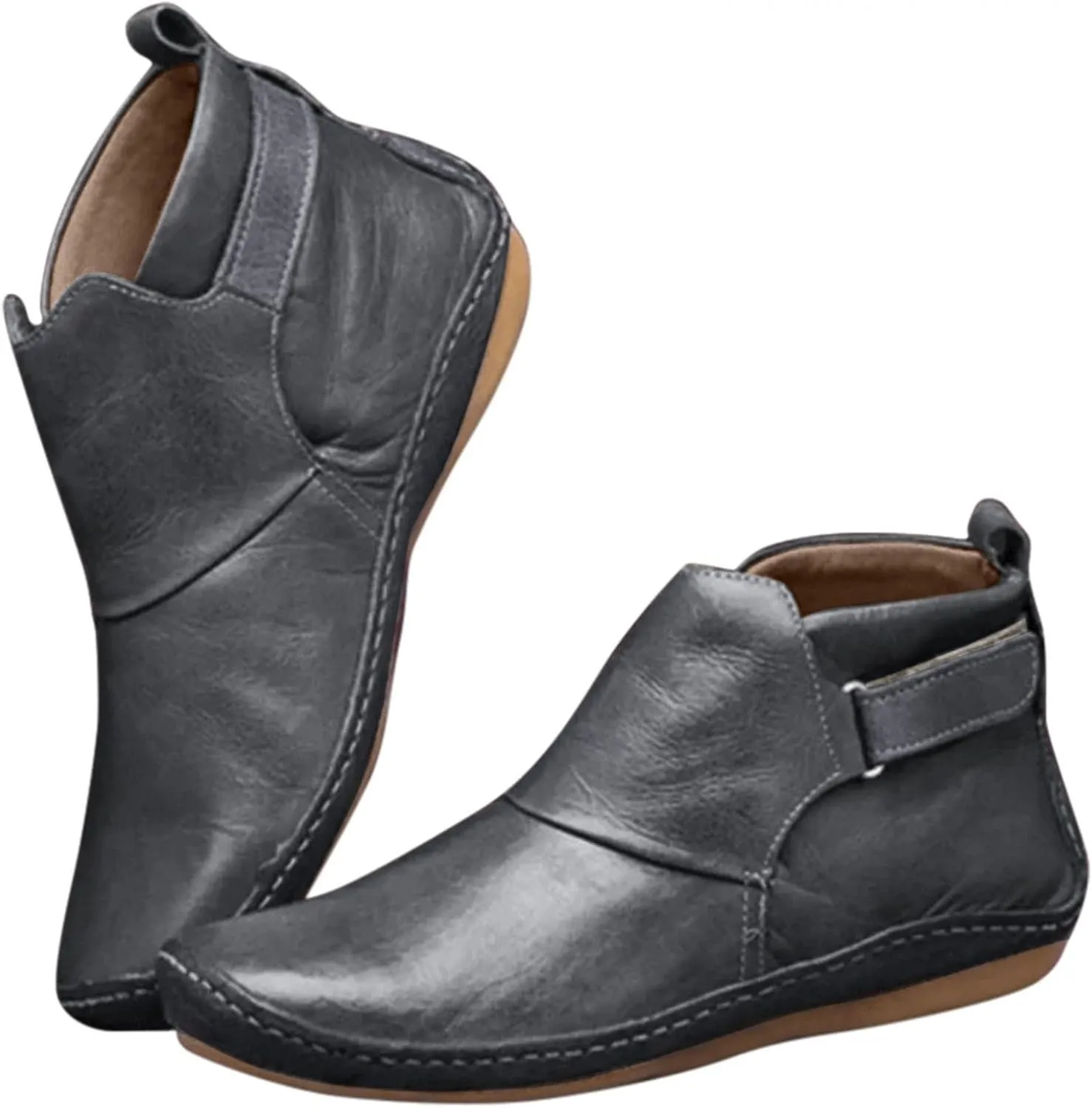 Snow Boots for Women No Heel 2022 New Arch Support Boots Side Zipper Vintage Leather Damping Shoes Flat Booties