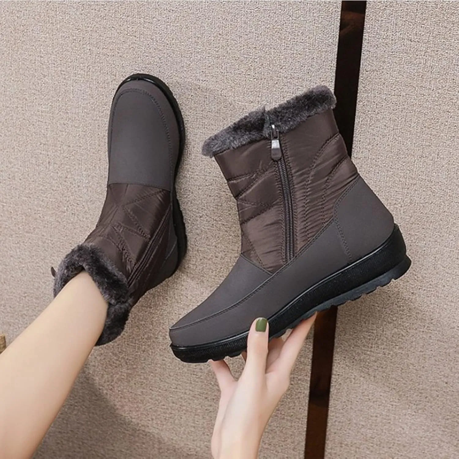 Snow Boots for Womens Winter Shoes Warm Fleece Lined Mid Calf Boots Women Anti Slip Water-proof Side Zipper Comfortable Outdoor Boot Platform Wedge Booties for Ladies Walking Hiking Shoes