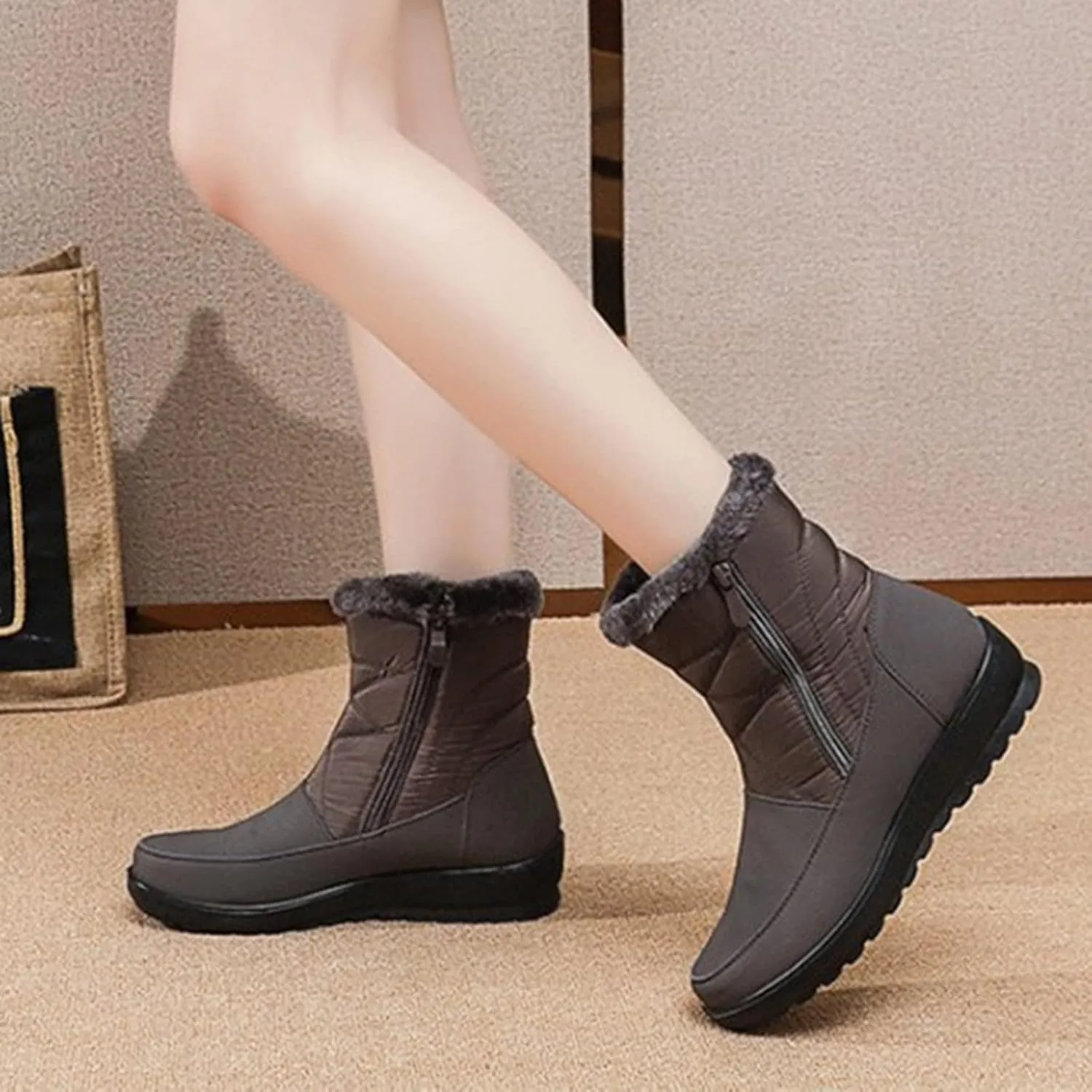 Snow Boots for Womens Winter Shoes Warm Fleece Lined Mid Calf Boots Women Anti Slip Water-proof Side Zipper Comfortable Outdoor Boot Platform Wedge Booties for Ladies Walking Hiking Shoes