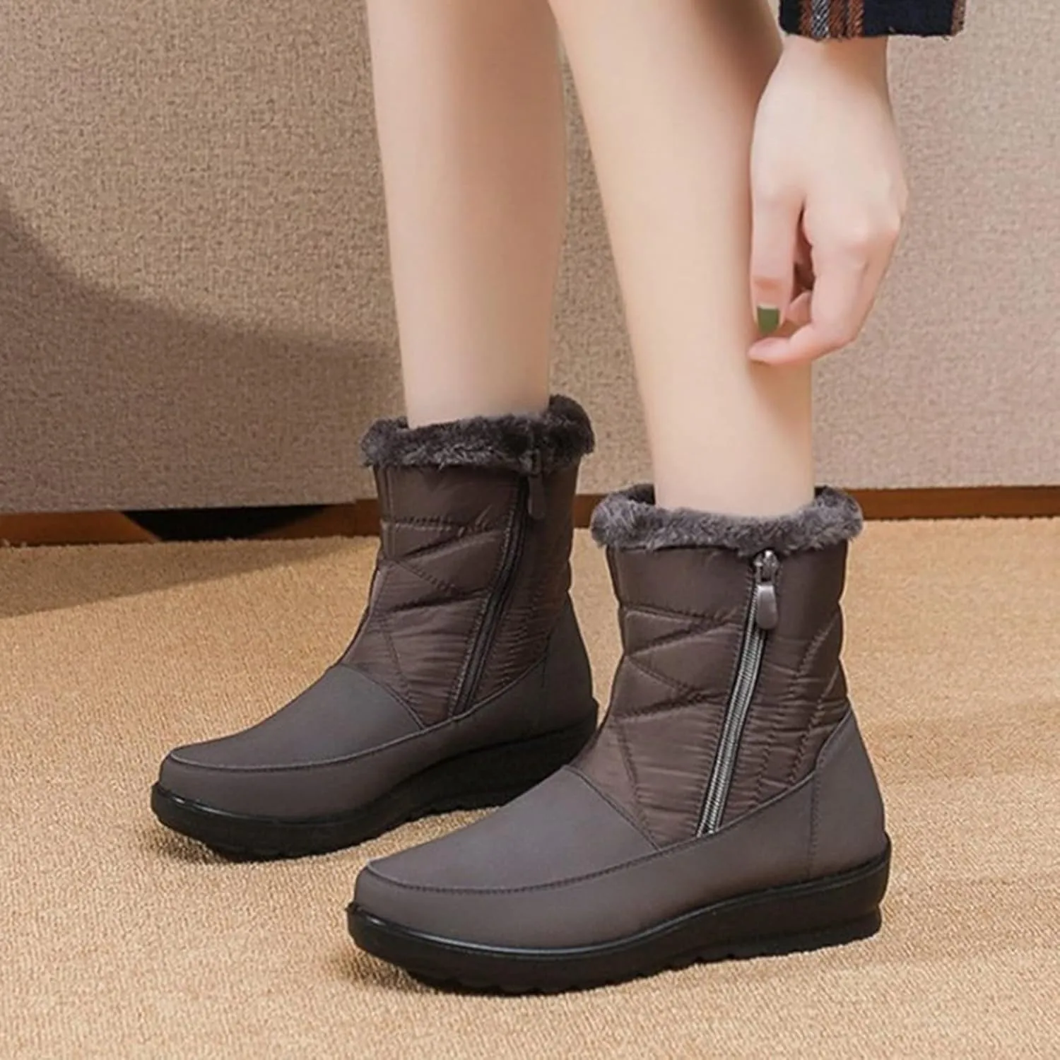 Snow Boots for Womens Winter Shoes Warm Fleece Lined Mid Calf Boots Women Anti Slip Water-proof Side Zipper Comfortable Outdoor Boot Platform Wedge Booties for Ladies Walking Hiking Shoes