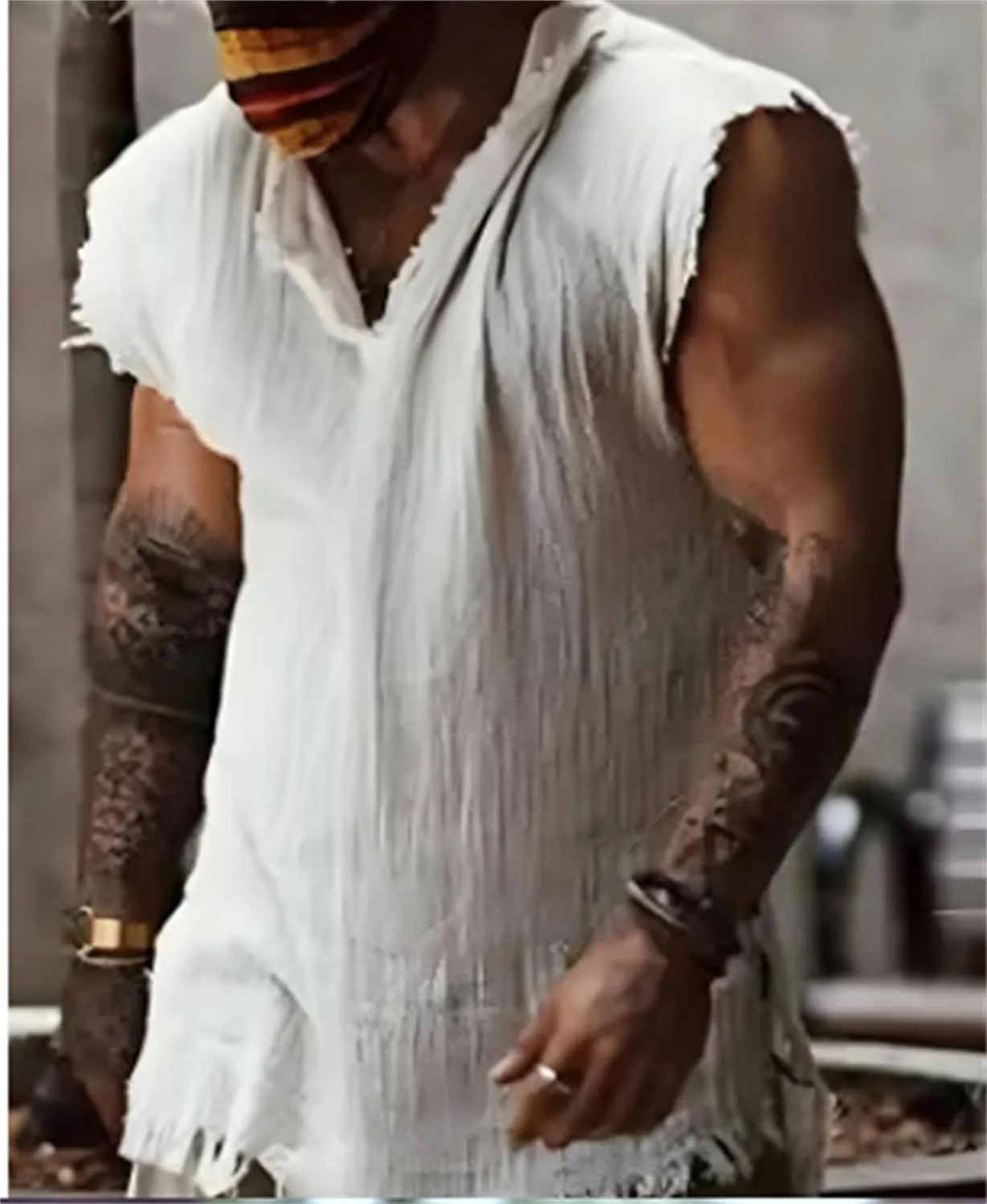 Tank Tops Men Summer Linen Tank Top Distressed V-Neck Sleeveless Workout T Shirts Gym Muscle T-Shirt with Frayed Hem