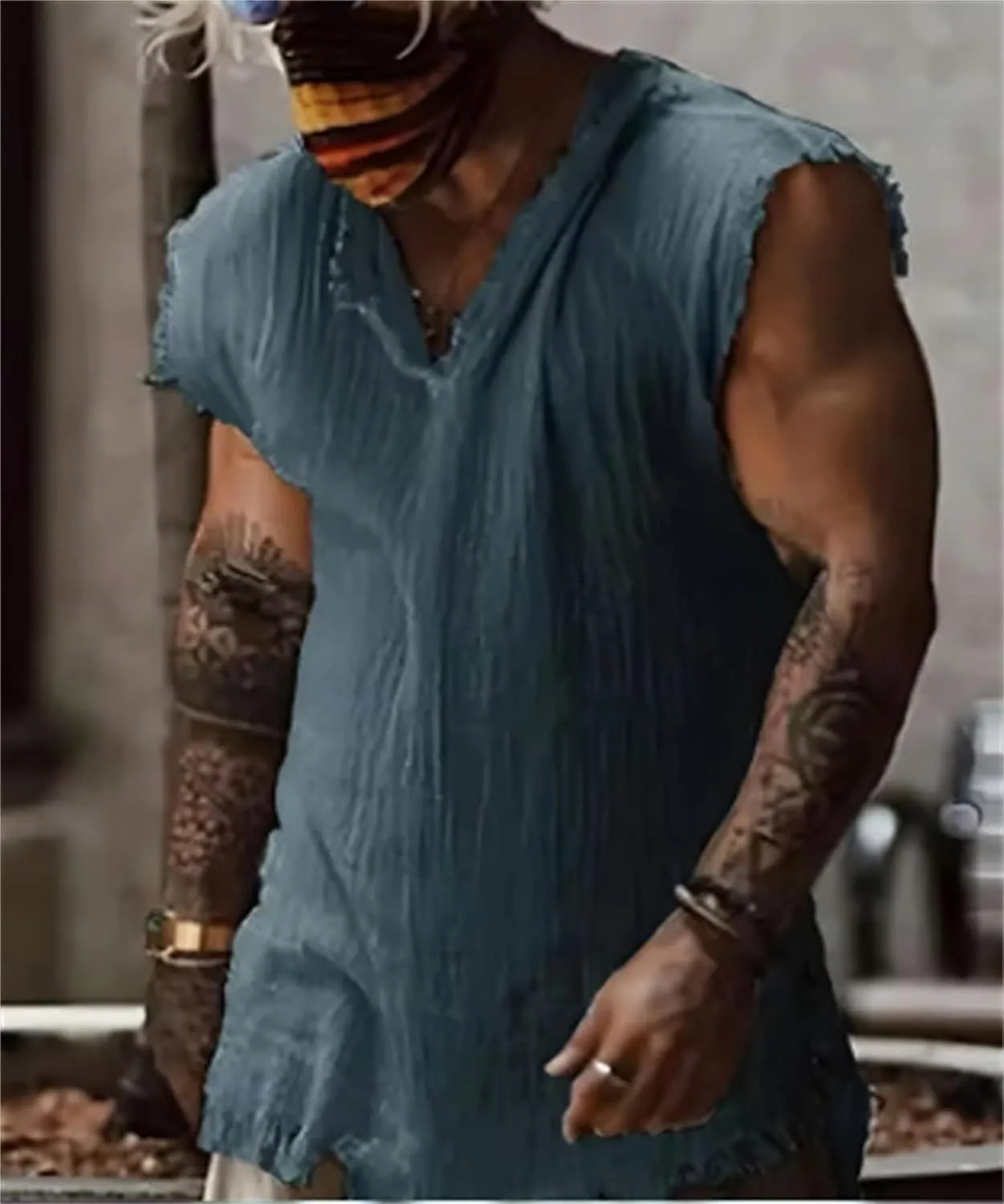 Tank Tops Men Summer Linen Tank Top Distressed V-Neck Sleeveless Workout T Shirts Gym Muscle T-Shirt with Frayed Hem