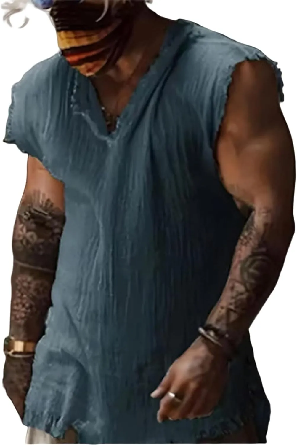 Tank Tops Men Summer Linen Tank Top Distressed V-Neck Sleeveless Workout T Shirts Gym Muscle T-Shirt with Frayed Hem