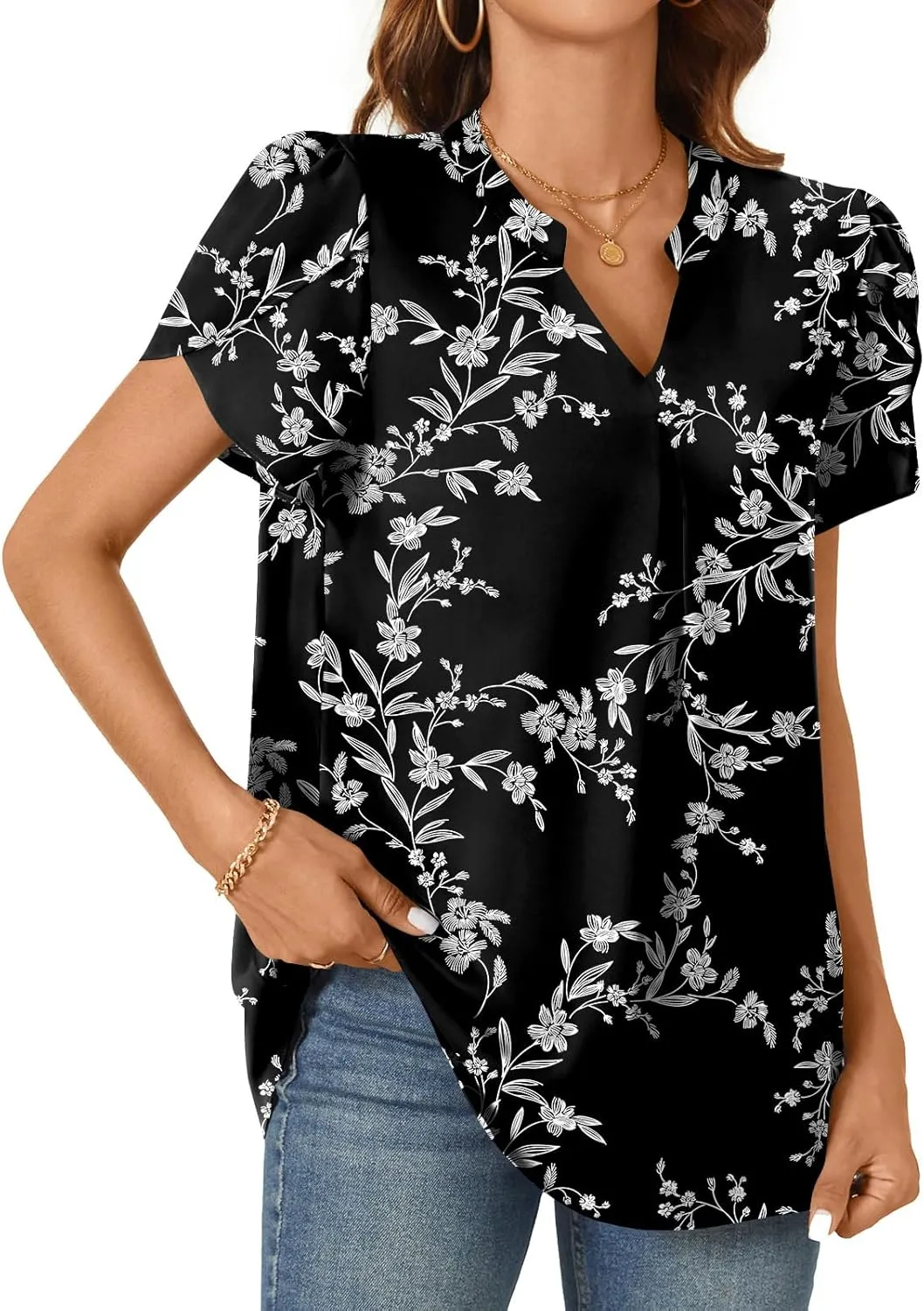 TAOHUADAO Womens Summer Dressy Chiffon Blouses Short Sleeve V Neck Tops for Leggings Casual T-Shirts