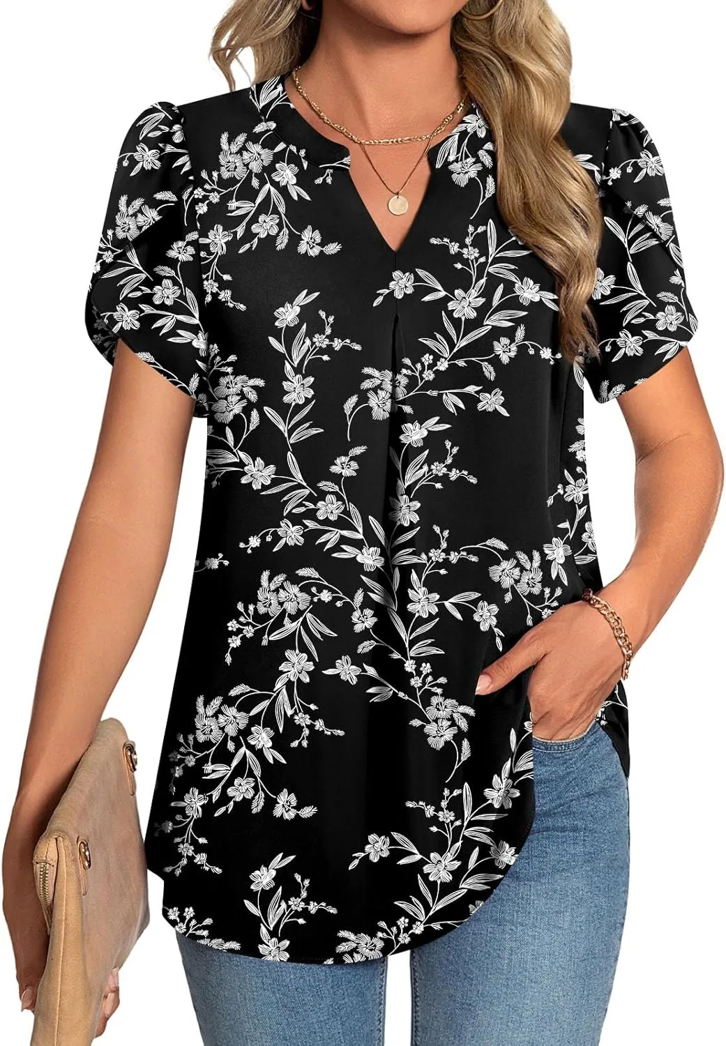 TAOHUADAO Womens Summer Dressy Chiffon Blouses Short Sleeve V Neck Tops for Leggings Casual T-Shirts