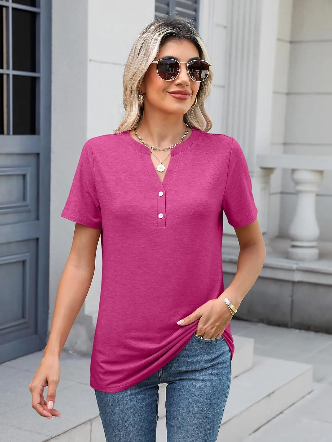 TICTICMIMI Women's V Neck Short Sleeve Tops Button Down Casual T Shirts Basic Dressy Tees