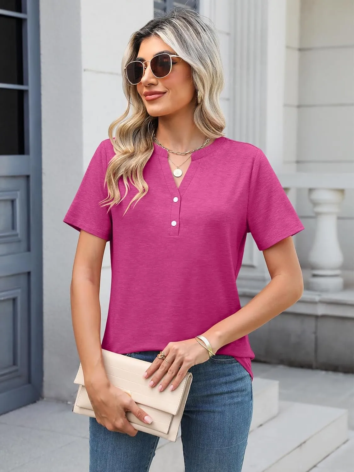 TICTICMIMI Women's V Neck Short Sleeve Tops Button Down Casual T Shirts Basic Dressy Tees