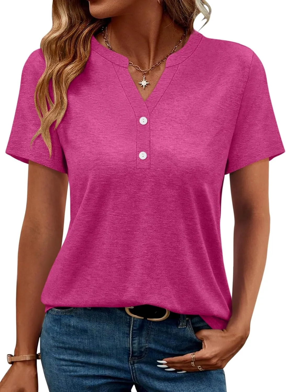TICTICMIMI Women's V Neck Short Sleeve Tops Button Down Casual T Shirts Basic Dressy Tees