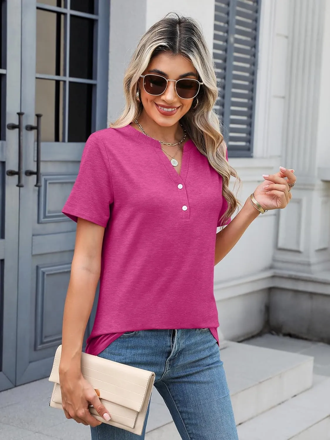 TICTICMIMI Women's V Neck Short Sleeve Tops Button Down Casual T Shirts Basic Dressy Tees