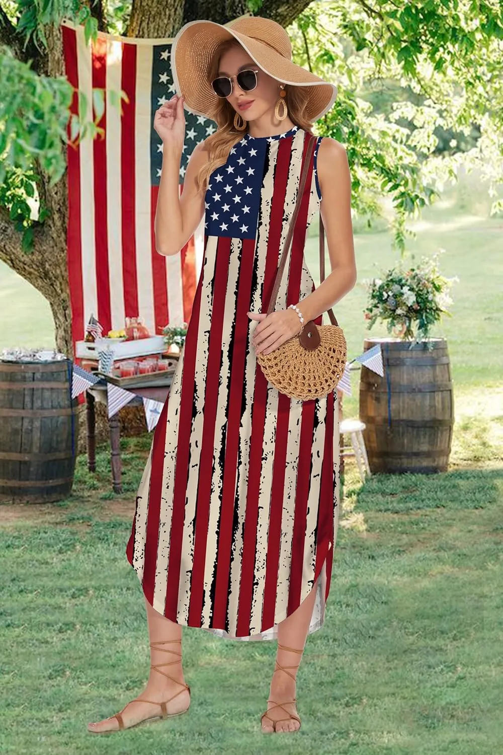 TMSD Women's July 4th Independence Day Crew Neck Memorial Day Maxi Dress with Pockets