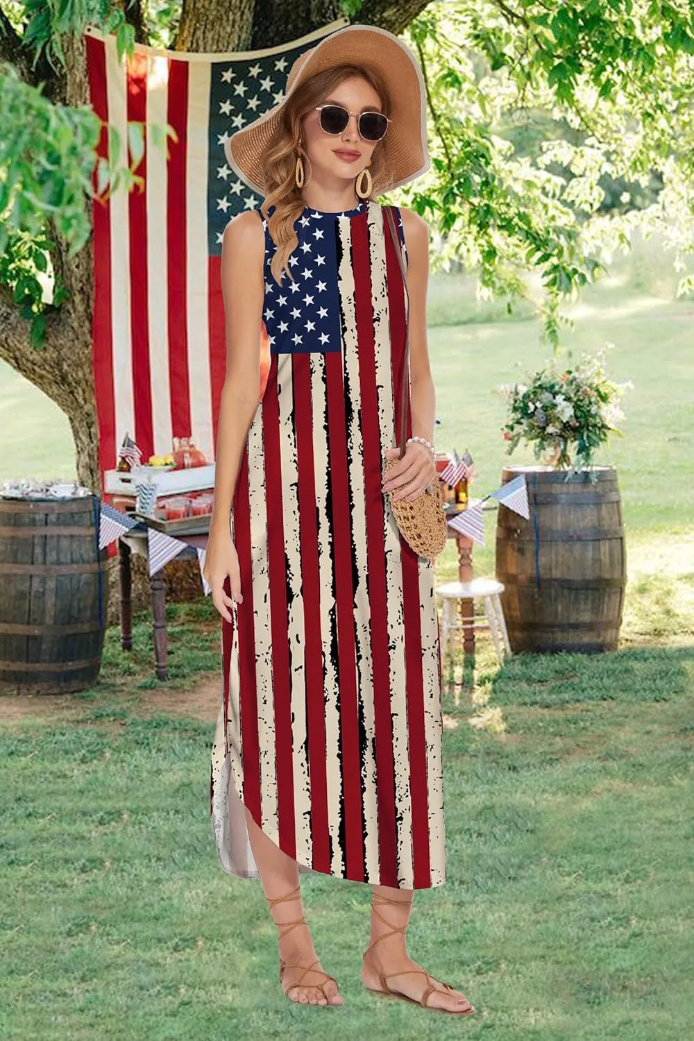 TMSD Women's July 4th Independence Day Crew Neck Memorial Day Maxi Dress with Pockets