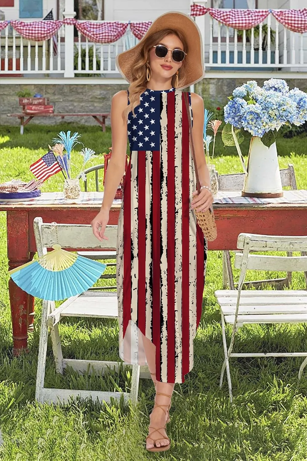 TMSD Women's July 4th Independence Day Crew Neck Memorial Day Maxi Dress with Pockets