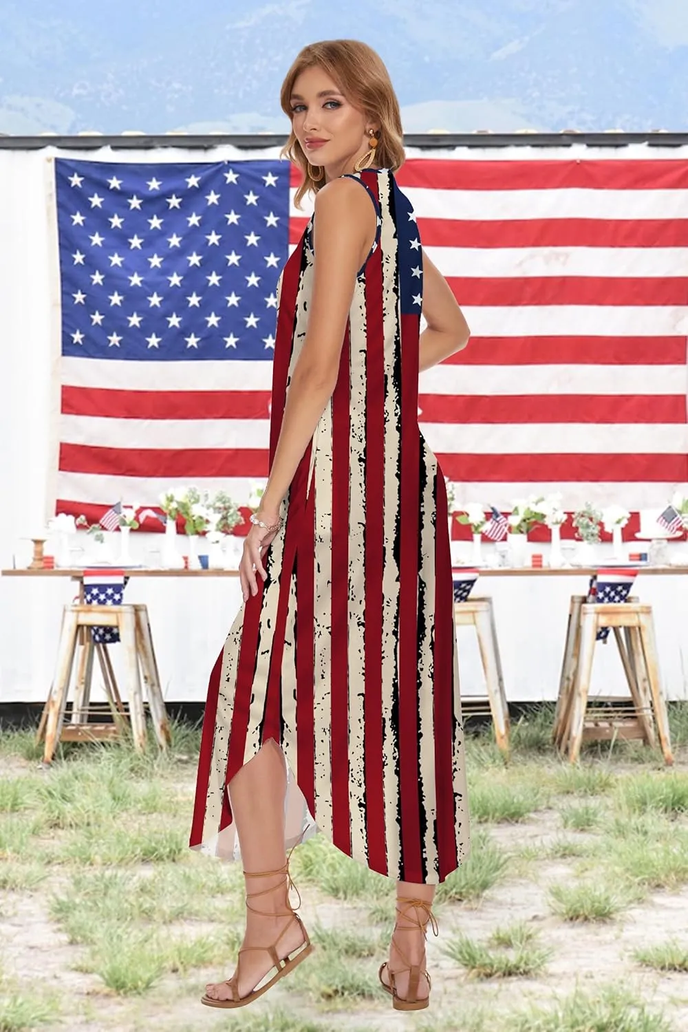 TMSD Women's July 4th Independence Day Crew Neck Memorial Day Maxi Dress with Pockets