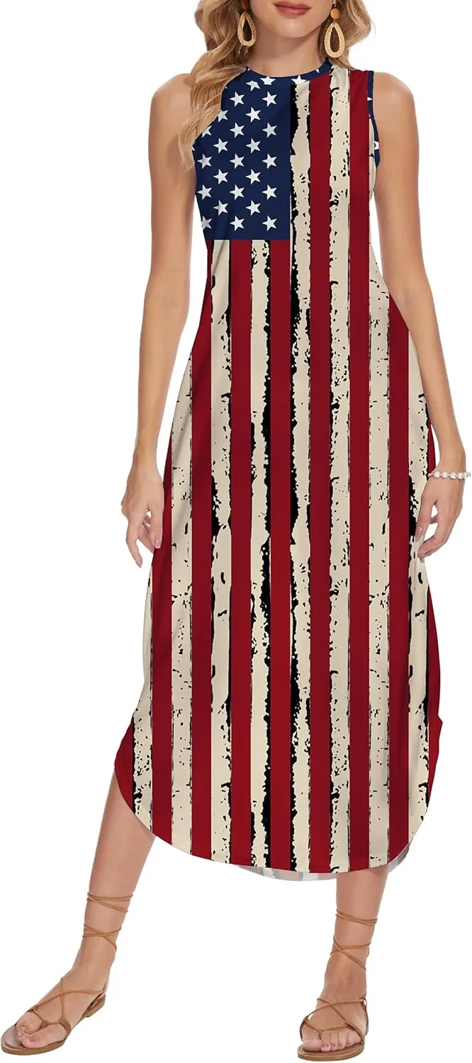 TMSD Women's July 4th Independence Day Crew Neck Memorial Day Maxi Dress with Pockets