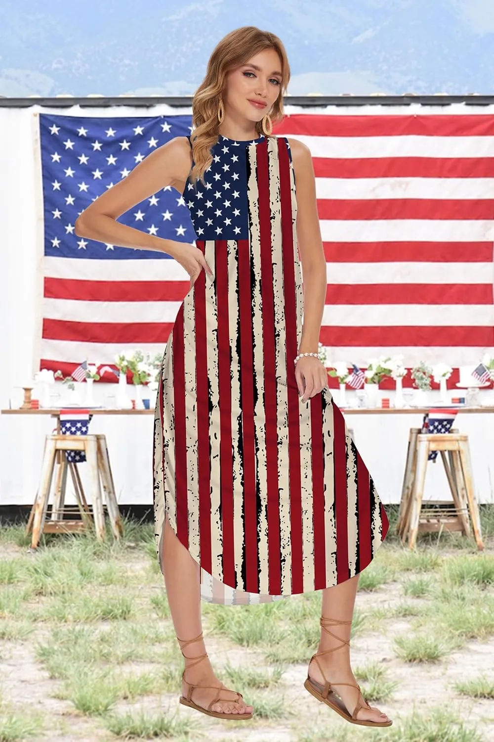 TMSD Women's July 4th Independence Day Crew Neck Memorial Day Maxi Dress with Pockets