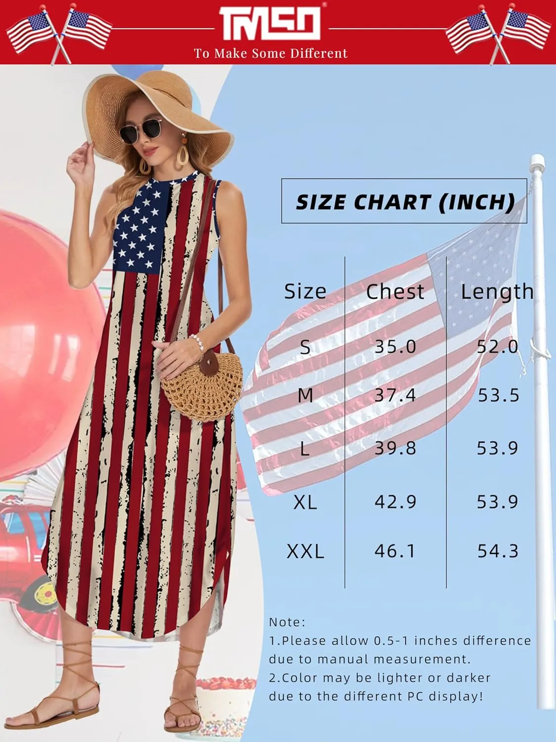 TMSD Women's July 4th Independence Day Crew Neck Memorial Day Maxi Dress with Pockets