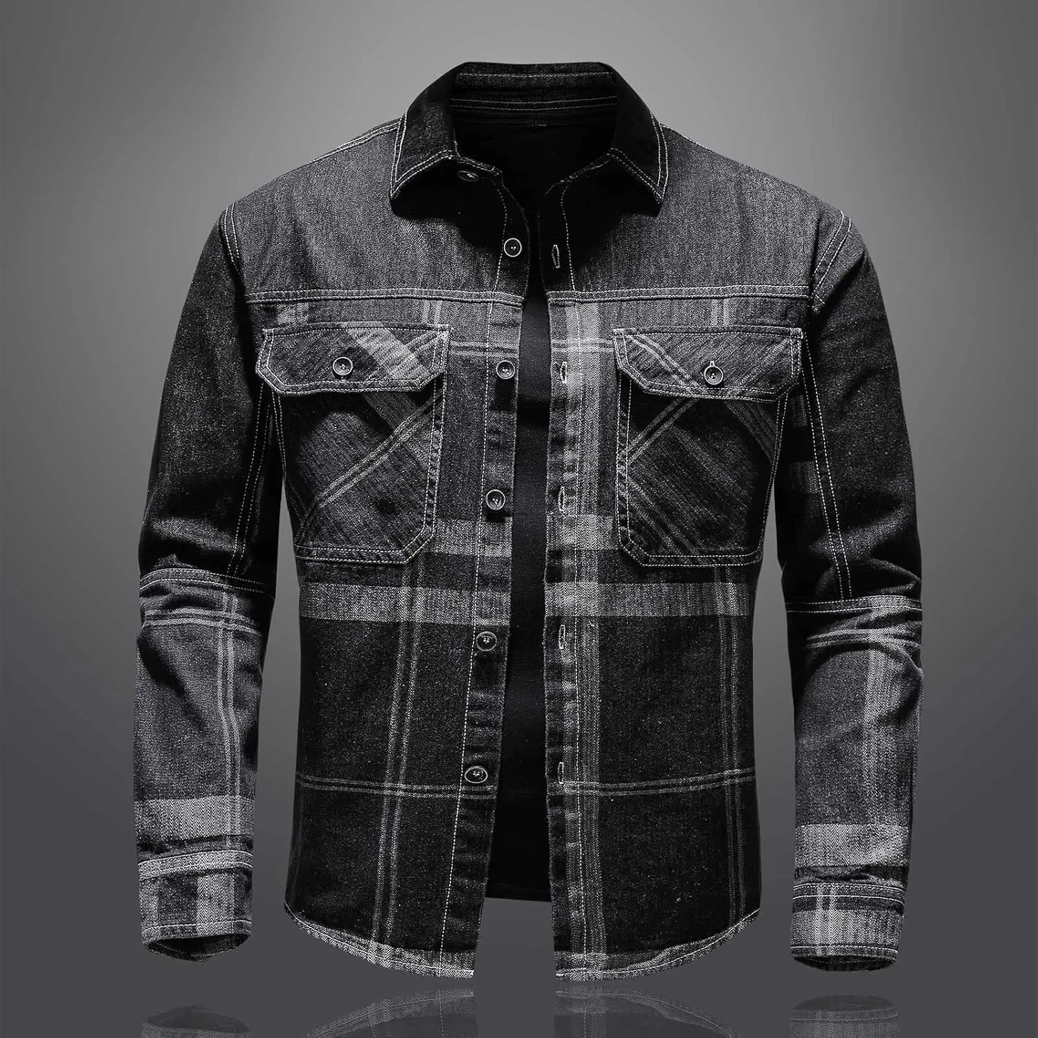 tuduoms Big and Tall Jean Jacket for Men L-4XL Fashion Plaid Denim Jacket Casual Retro Distressed Ripped Slim Trucker Jacket