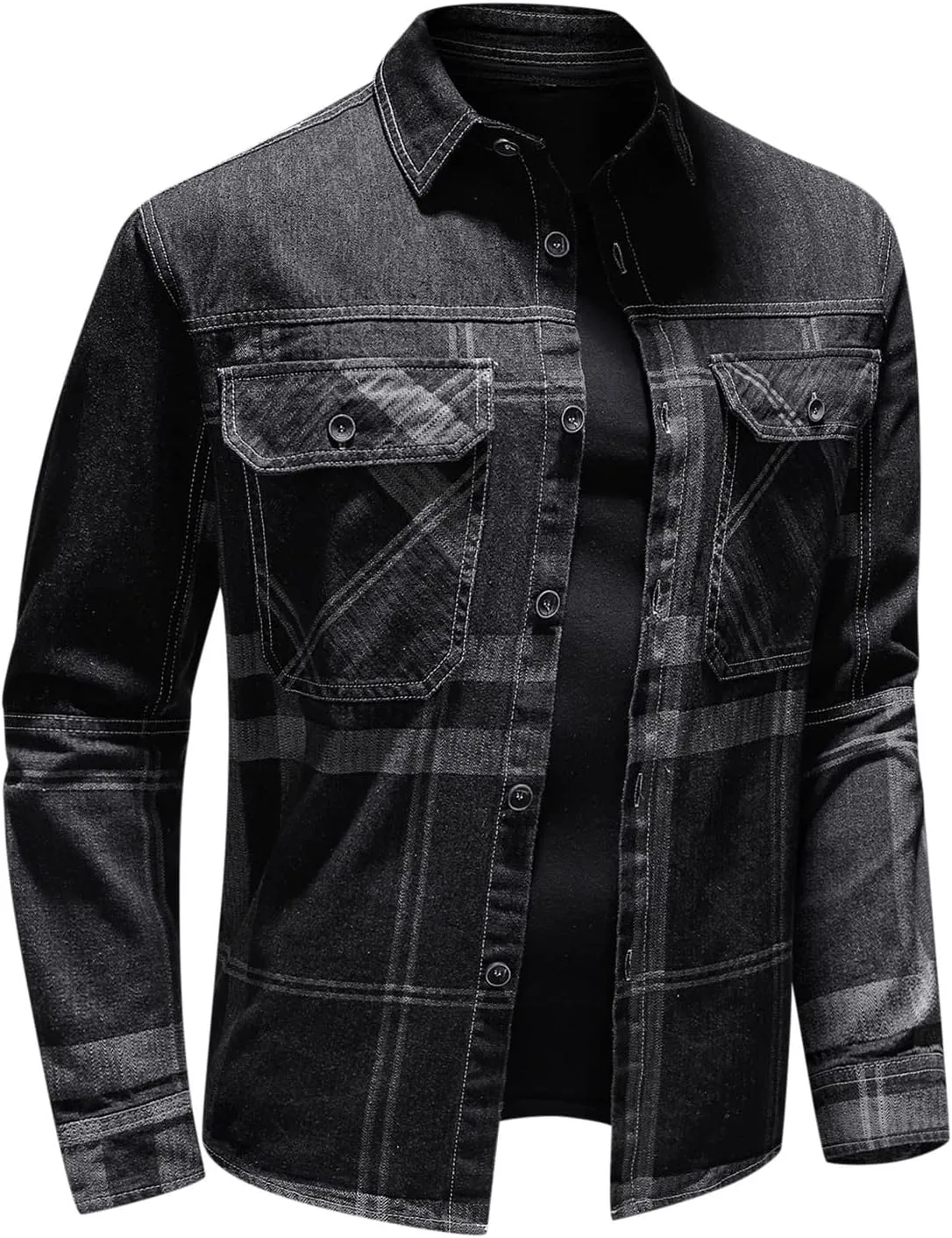tuduoms Big and Tall Jean Jacket for Men L-4XL Fashion Plaid Denim Jacket Casual Retro Distressed Ripped Slim Trucker Jacket
