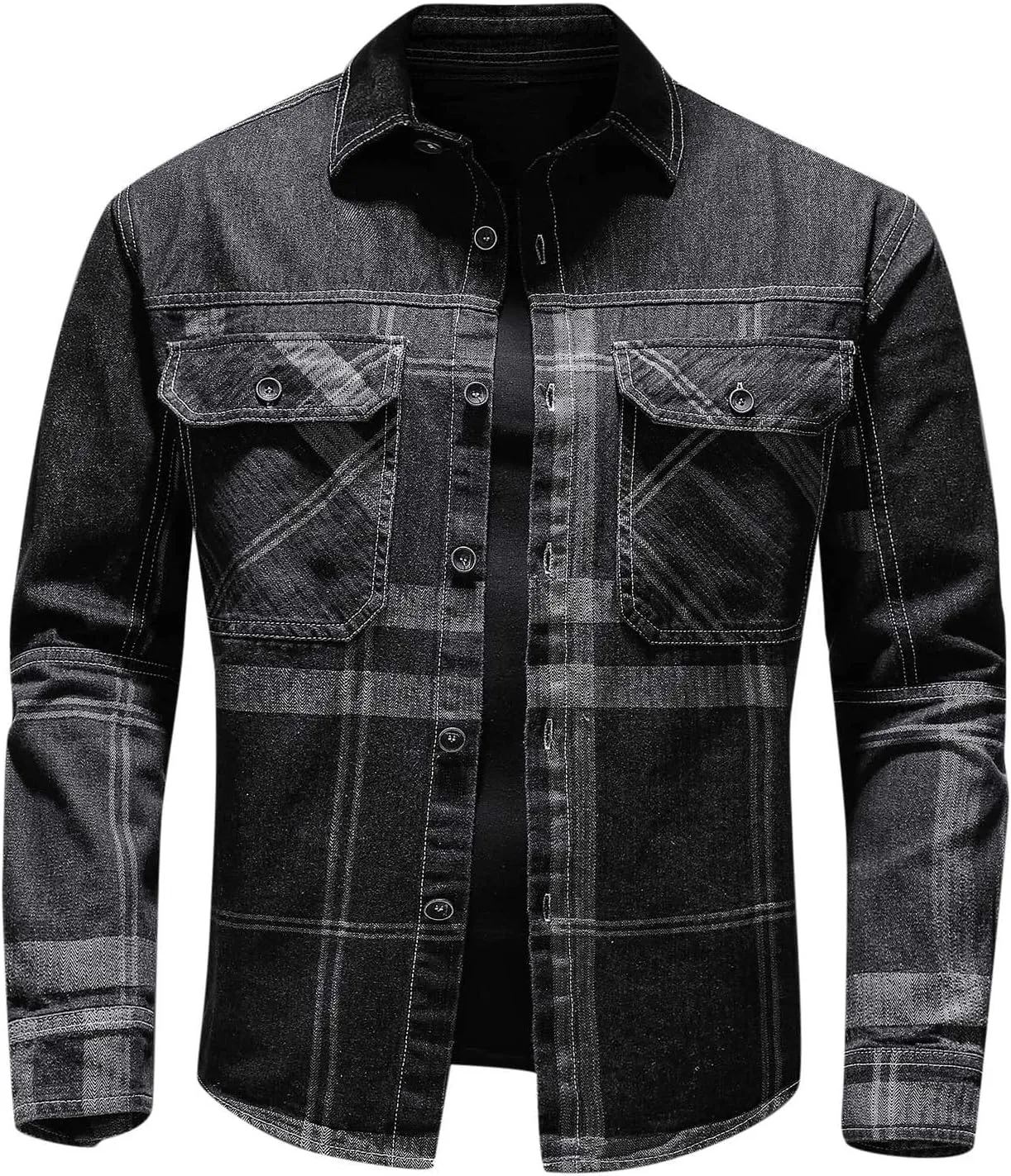 tuduoms Big and Tall Jean Jacket for Men L-4XL Fashion Plaid Denim Jacket Casual Retro Distressed Ripped Slim Trucker Jacket