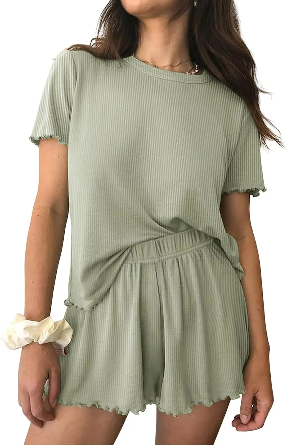 Two Piece Lounge Set for Women Ribbed Knit Pjs Short Sleeve Sleepwear Set Soft Pajamas Set Casual Outfits Sets Summer