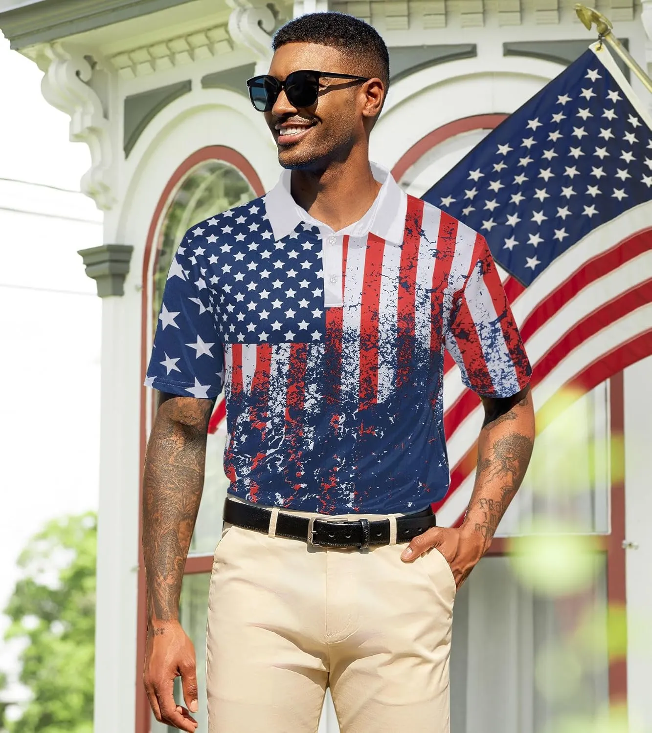 UNIFACO Men's American Flag Polo Shirt Patriotic Performance Golf Short Sleeve Polo T-Shirts M-XXL