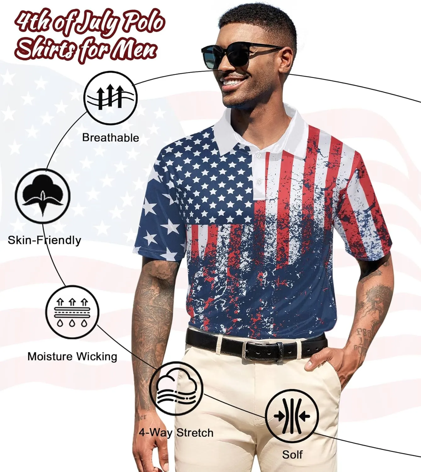 UNIFACO Men's American Flag Polo Shirt Patriotic Performance Golf Short Sleeve Polo T-Shirts M-XXL