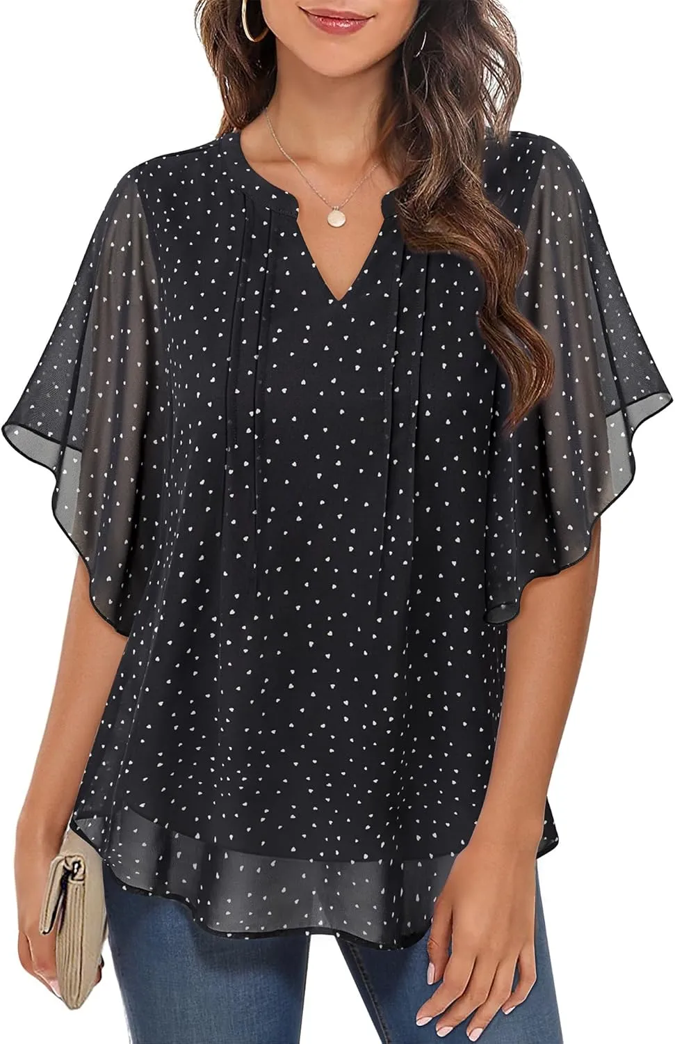 VALOLIA Womens Blouses Dressy Casual V Neck Chiffon Ruffle Short Sleeve Shirts Double Layers Tops