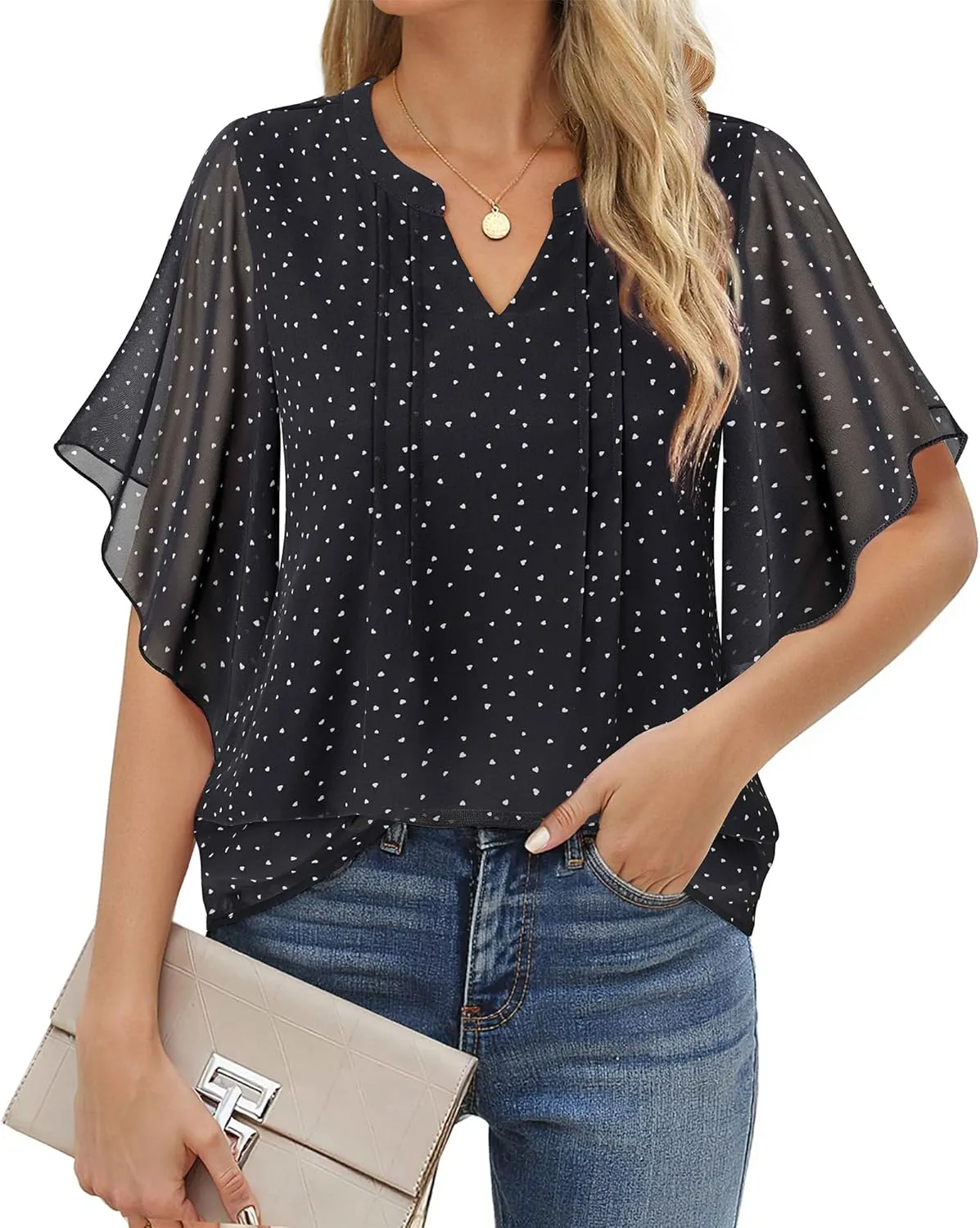 VALOLIA Womens Blouses Dressy Casual V Neck Chiffon Ruffle Short Sleeve Shirts Double Layers Tops