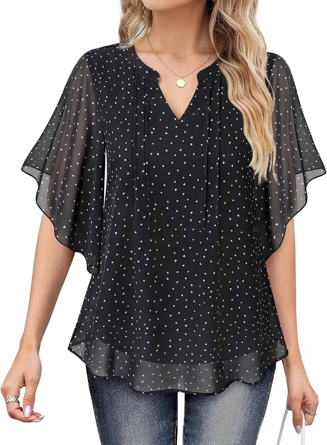 VALOLIA Womens Blouses Dressy Casual V Neck Chiffon Ruffle Short Sleeve Shirts Double Layers Tops