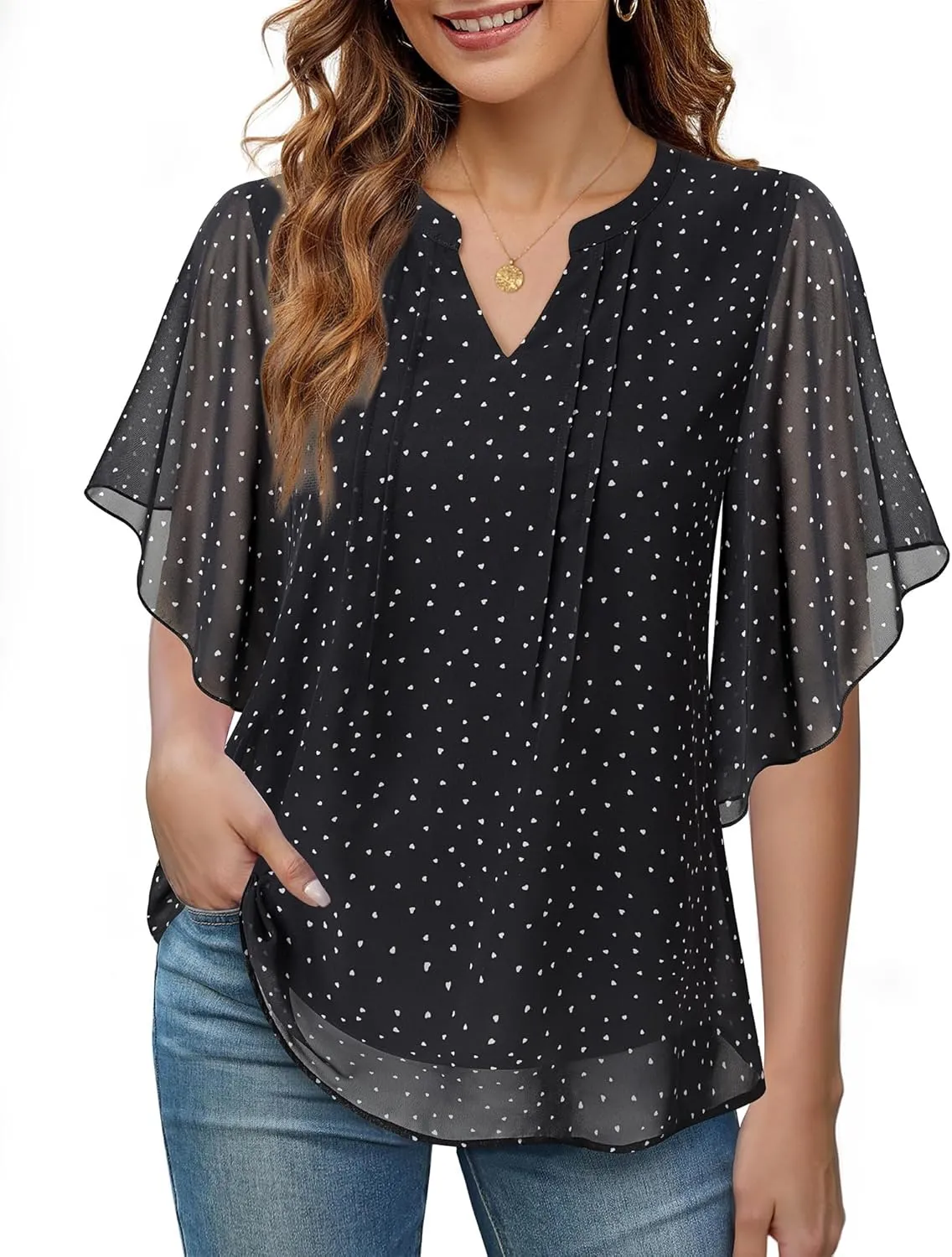 VALOLIA Womens Blouses Dressy Casual V Neck Chiffon Ruffle Short Sleeve Shirts Double Layers Tops