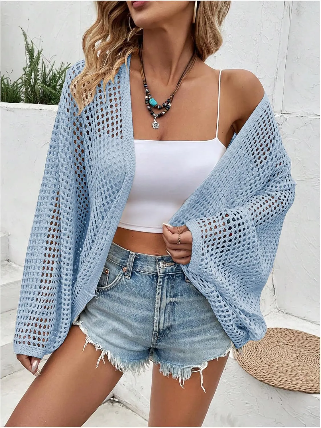 Verdusa Women's Hollow Out Open Front Long Sleeve Oversized Knitted Cardigan Sweater